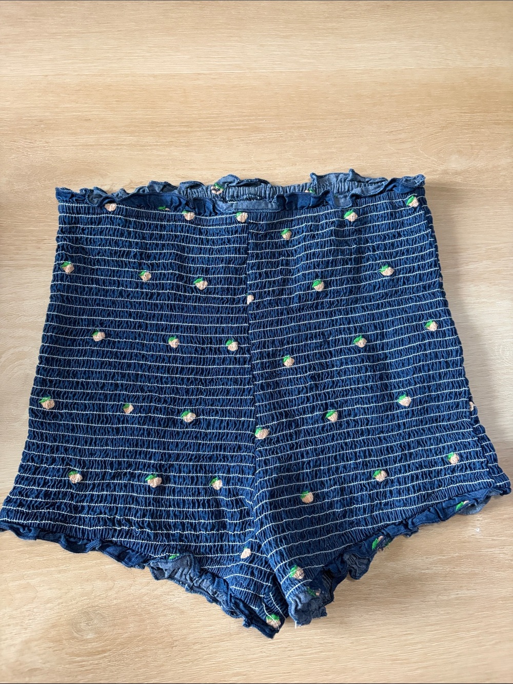Navy Smocked High-Waist Shorts with Embroidered Peaches